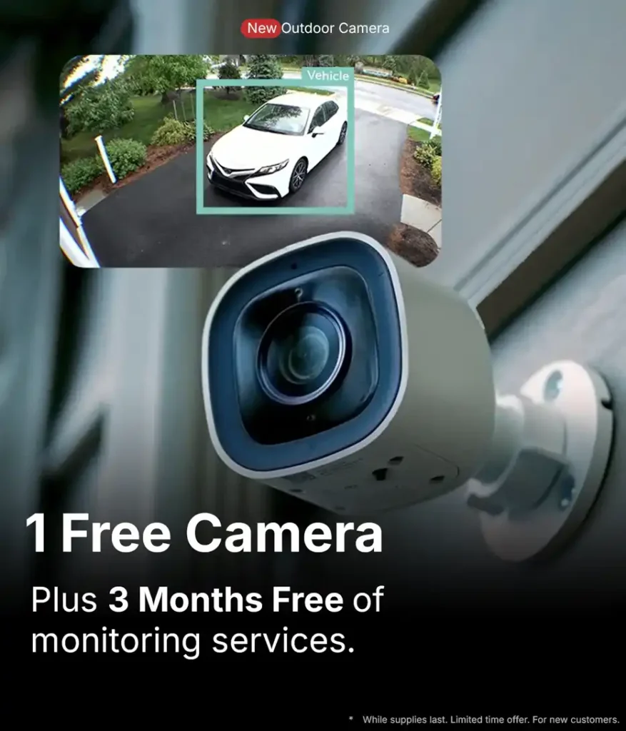 Grand Alarms promotion for new outdoor security camera with free camera and 3 months free monitoring services for home security systems
