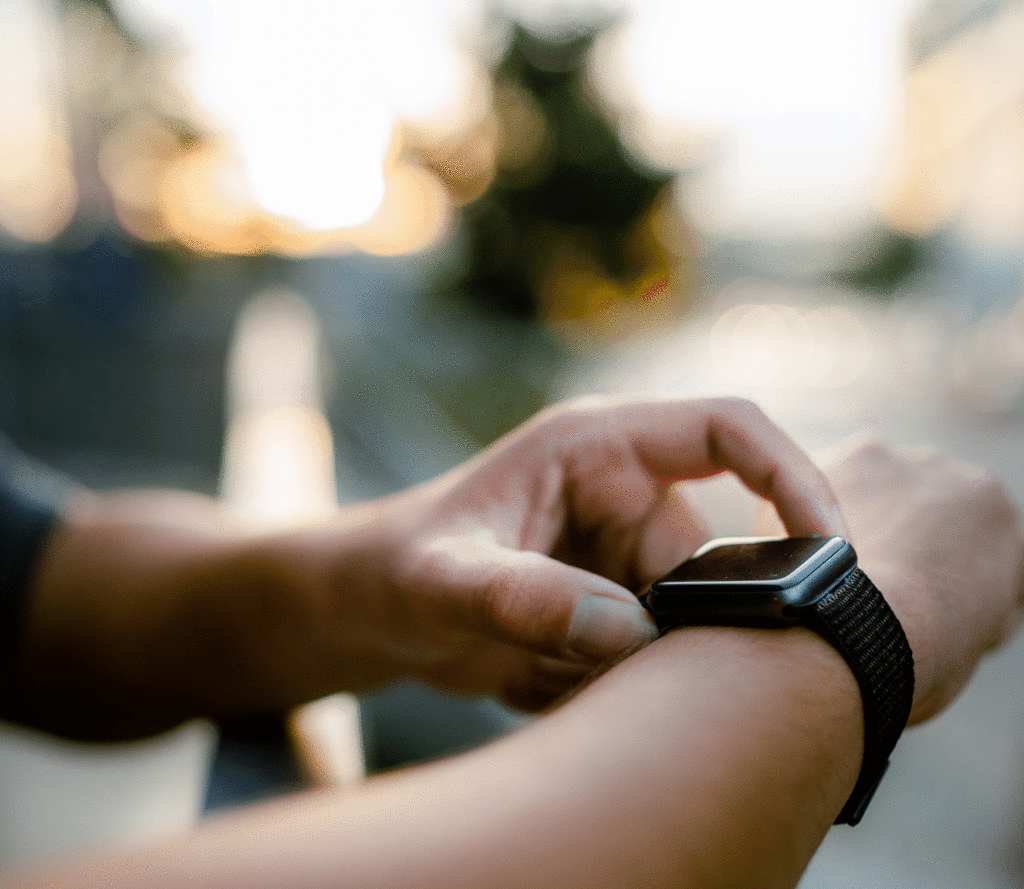 Person checking smart home security notification on a smartwatch outdoors
