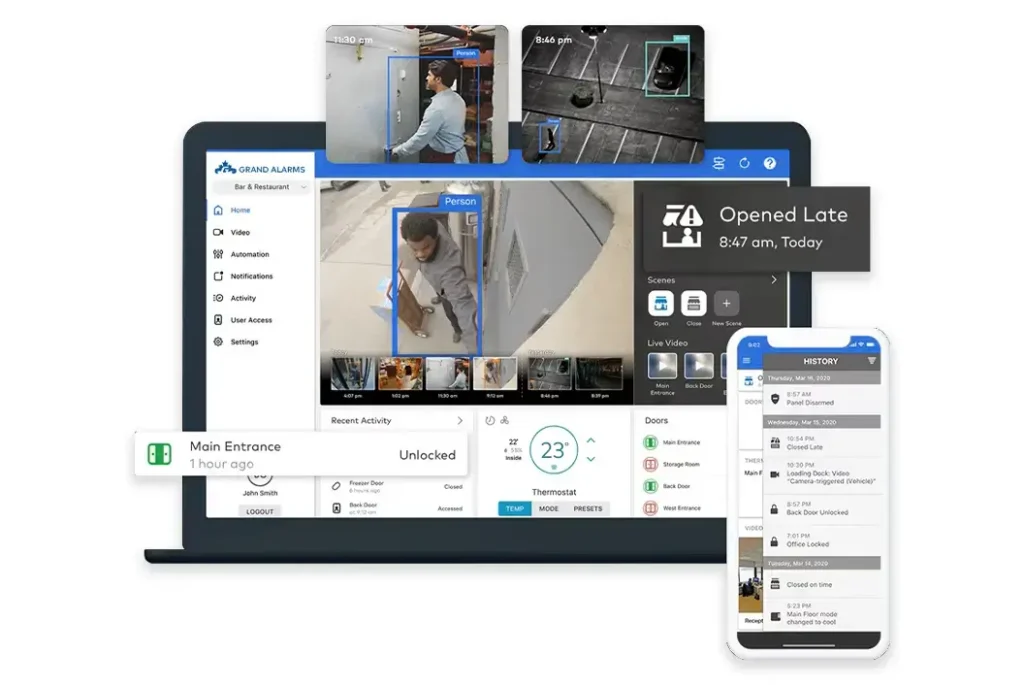 Smart video monitoring dashboard showing live camera feeds, motion alerts, and mobile notifications