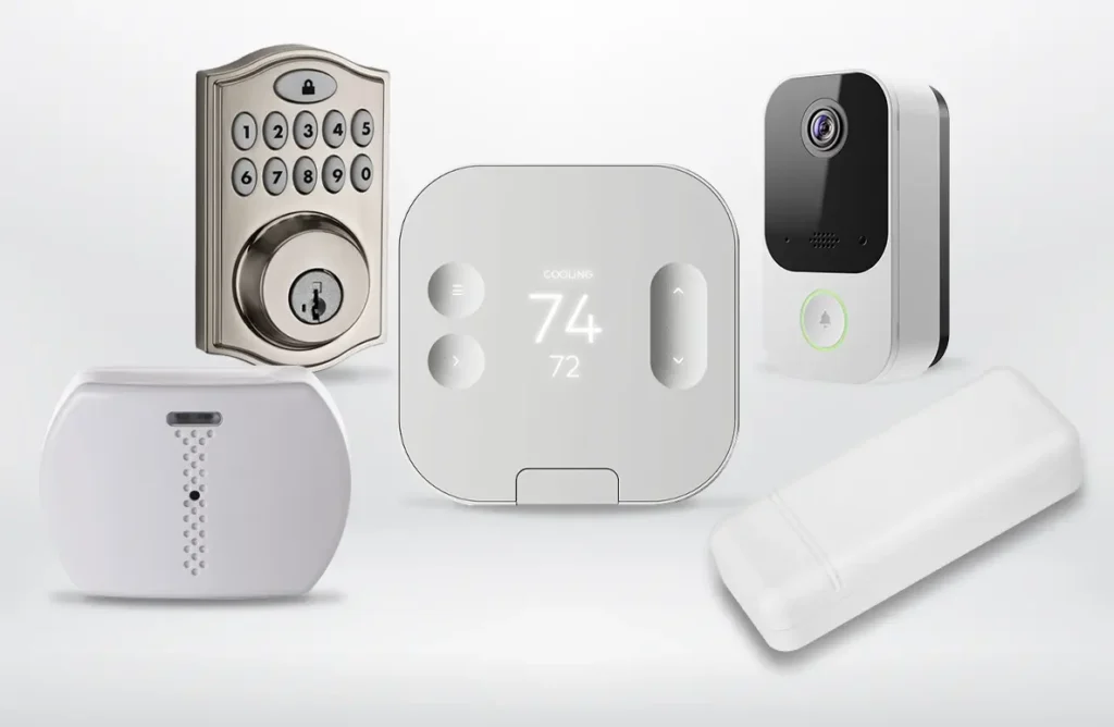 Smart home devices including door lock, thermostat, video doorbell, and motion sensors