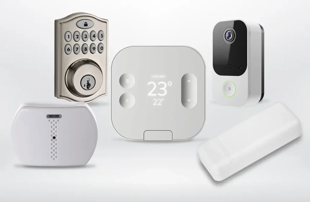 Smart home devices including door lock, thermostat, video doorbell, and motion sensors