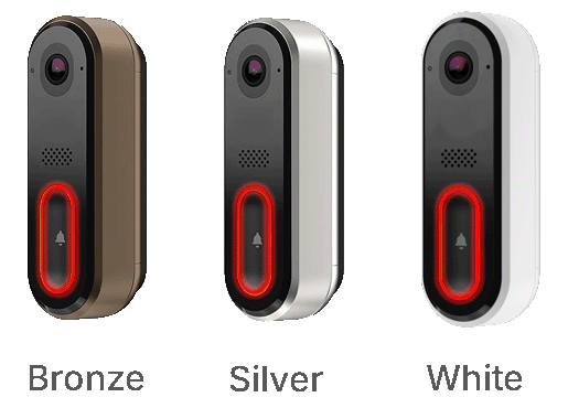 Smart video doorbell available in bronze, silver, and white finishes with red LED ring