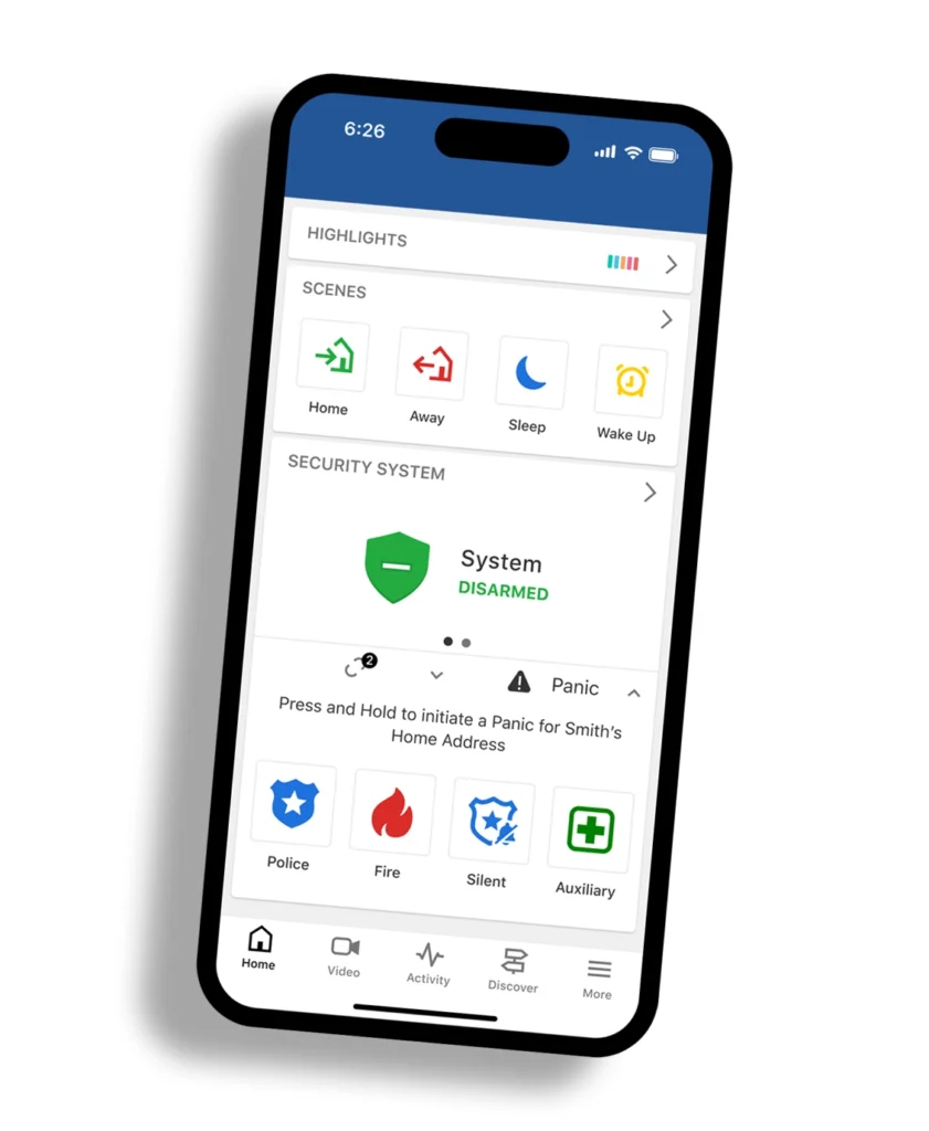 Smart home app on iPhone showing live security control and monitoring in Aurora Ontario