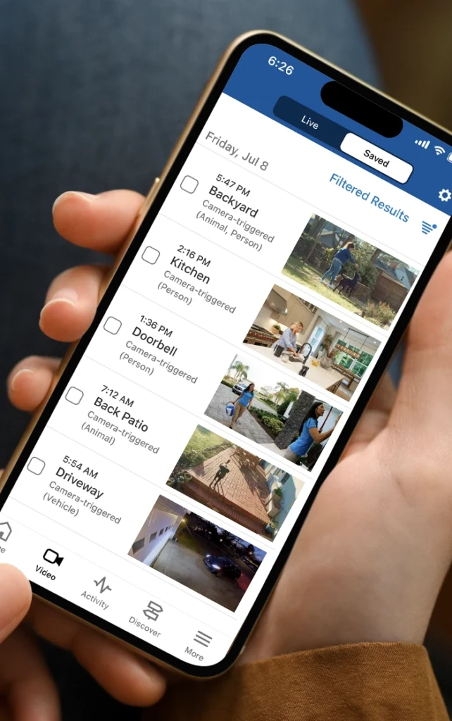 Smart video doorbell showing recorded event playback on a home security device