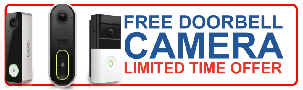 Free smart doorbell camera promotion banner in blue and red with limited time offer text