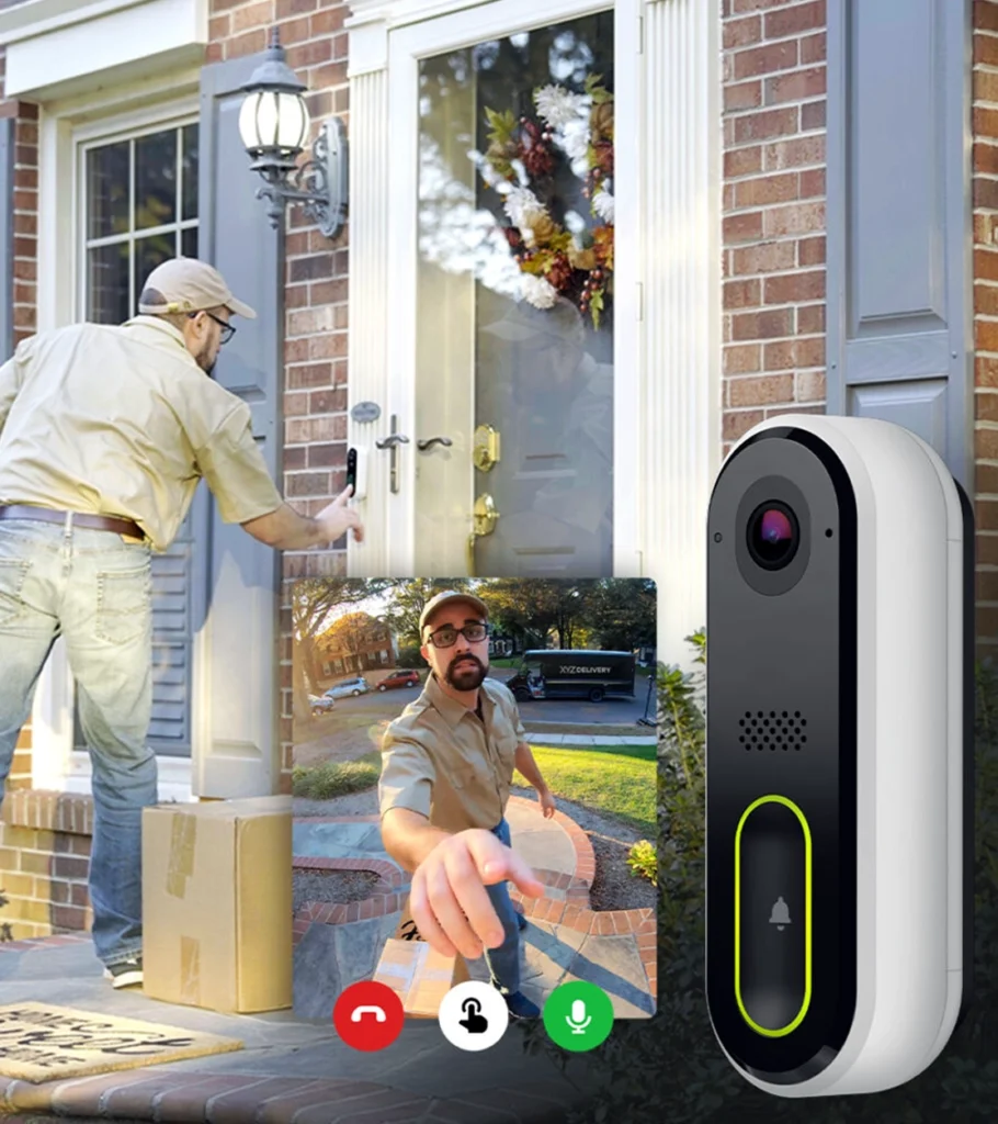 Delivery driver captured by smart video doorbell camera while dropping off a package at the front door