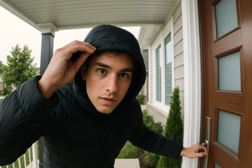 Young man in hoodie looking into smart doorbell camera on modern suburban home porch, representing how the system detects and deters suspicious activity.