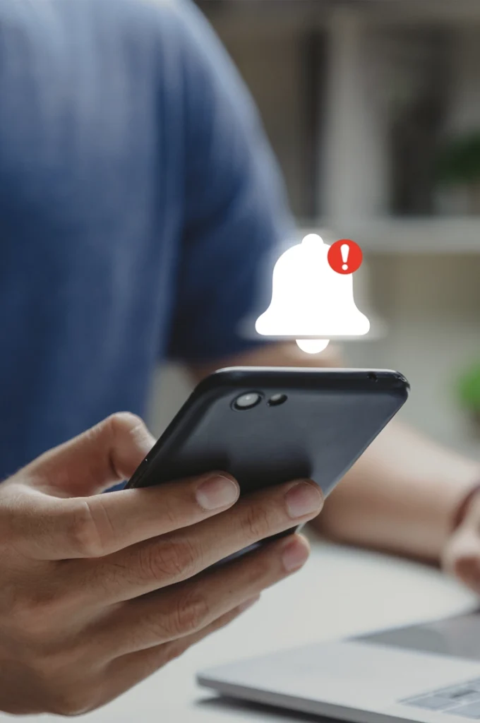 Homeowner viewing live video of a visitor on their smartphone through a smart doorbell camera system.