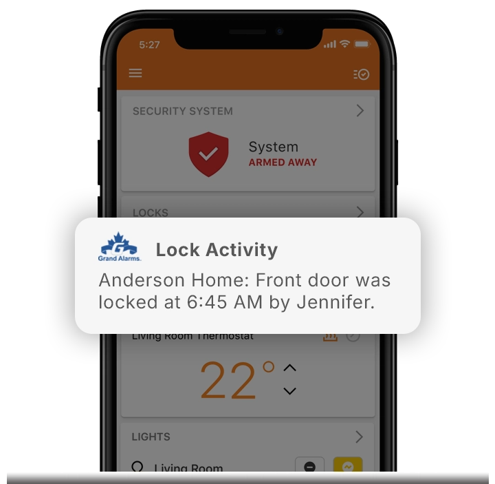 Mobile alert showing front door lock activity at an Oshawa property