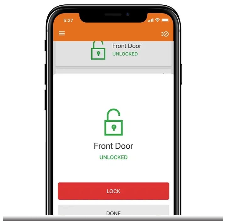 App screen showing smart lock status for an Oshawa home alarm system