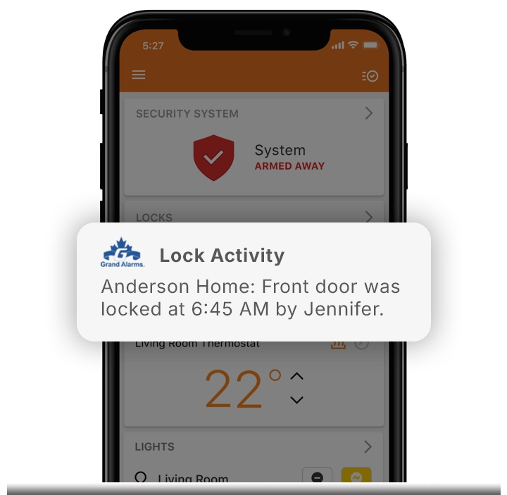 Mobile security alert showing front door lock activity for a Brampton alarm system